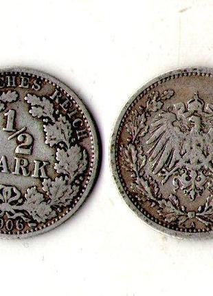 Німецька імперія 1/2 марки 1905-1906 р. Вільгельм II срібло