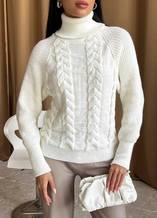 Женский вязаный свитер с объемными рукавами цвет молочный р.42...