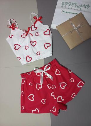 Хлопковая женская пижама майка шорты с сердечками на подарок л...