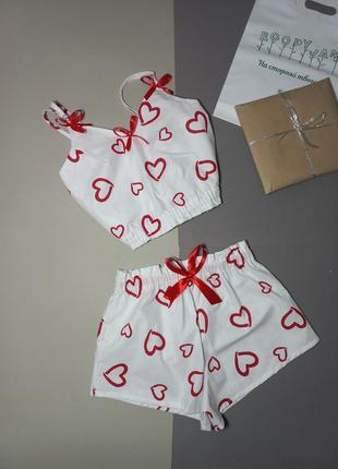 Женская хлопковая пижама маечка шорты с сердечками на подарок ...
