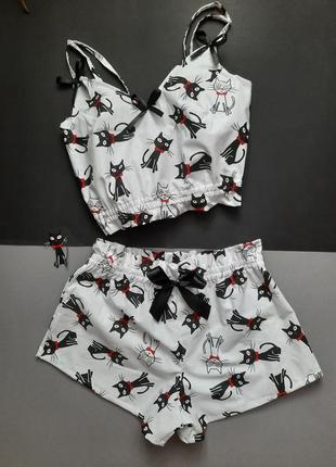 Женская хб пижама топ и шорты с котиками