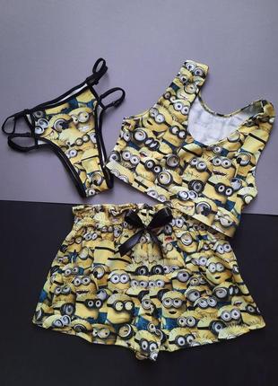 Качественная трикотажная женская пижама топ шорты трусики