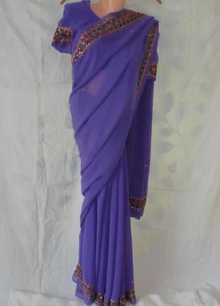 Сари, индийское сари,фиолетовое сари + чоли р.m-l