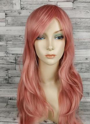 3523 парик розовый волнистый с челкой длинный женский 65 см