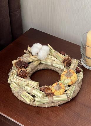 Осенний декор венчик на стол под свечу с тыквами и хлопком вен...