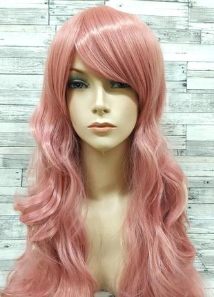 3496 парик хвилястий рожевий довгий з челкою жіночий 80см