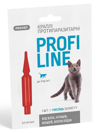Краплі Provet Profiline від бліх та кліщів для котів до 4кг, 1...