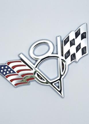 Емблема V8 прапор США, (хром)