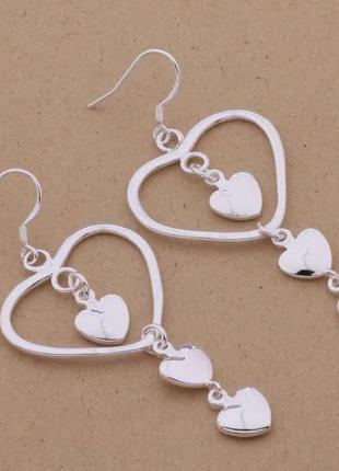 Модные серьги с сердцами в виде сердца сережки стерл. серебро 925