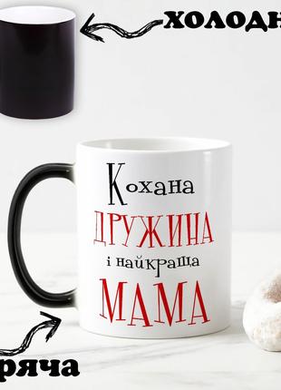 Черная чашка хамелеон с надписью "Любимая жена и лучшая мама" ...