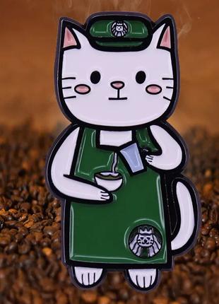 Брошка брошь пин значок металл кот бариста I love cofe кофе