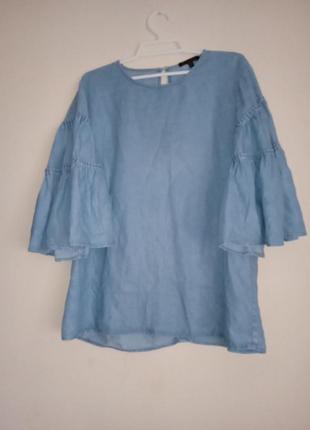 Джинсовая блузка с рукавами волан