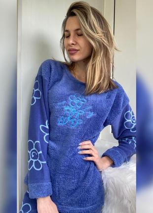 Женская теплая пижама махри и флис турочина голубая пижама