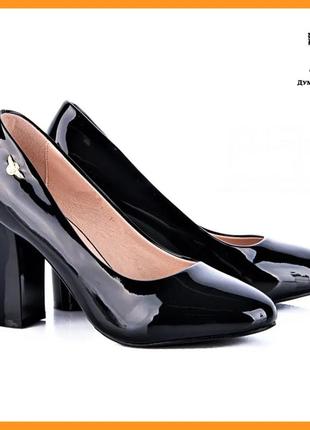 Женские черные туфли на толстом каблуке лаковые модельные (раз...