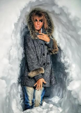 Пальто с мехом saga furs mangust теплое зимнее шерстяное корот...