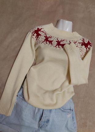 Новогодний бежевый свитер с оленями  праздничная кофта реглан ...