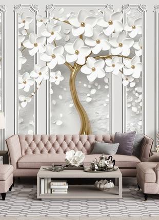 Фотообои 3D 368 x 254 см Золотое дерево с белыми цветами и кол...