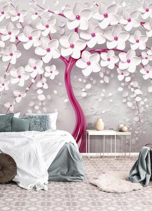 Фотообои красивые 368x254 см 3D Розовое дерево с белыми цветам...