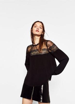Zara чорний топ блуза із сіточкою та мереживом довгий рукав зі з.
