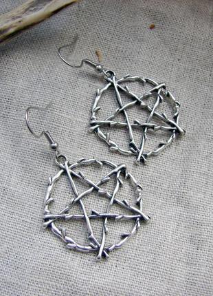 Серьги пентаграмма сережки круглые пентакль викка. цвет серебро