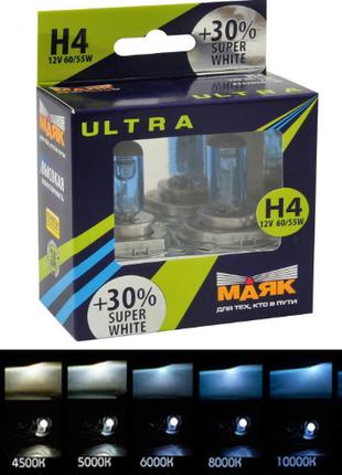 Лампочки в фару авто H4 12V 60/55 Маяк Super White +30 4000K (...