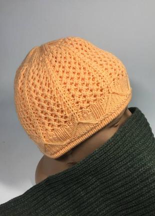 Ажурная шапка зима вязанная теплая оранжевая полу шерсть  н1409
