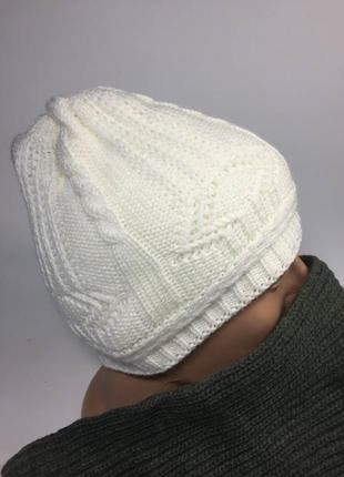 Белая ажурная шапка теплая вязанная зима полу шерсть н1407