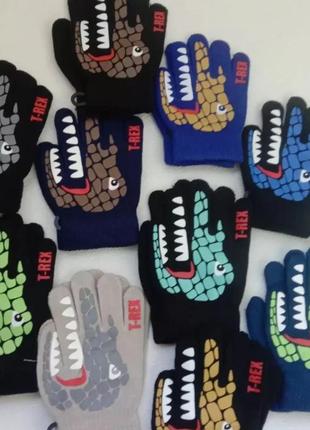 Детские перчатки перчатки с начесом внутри, с динозавром