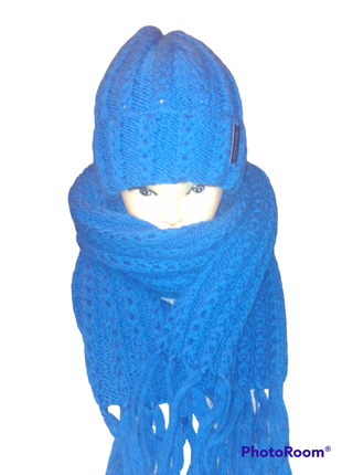 Женские комплект шапка шарф синего цвета длиный шарф