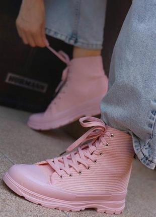 Високі кеди черевики вельветові рожеві пудрові