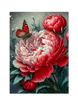 Картина по номерам, пиона, цветы с бабочкой