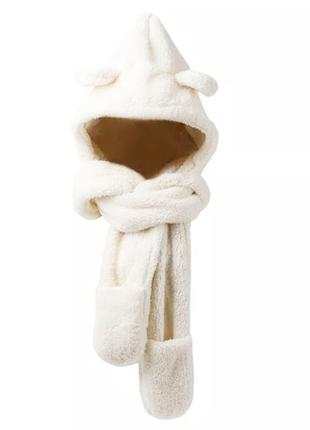 Шапка-шарф с ушками 3 в 1 (мишка, медведь, капюшон, варежки) с...