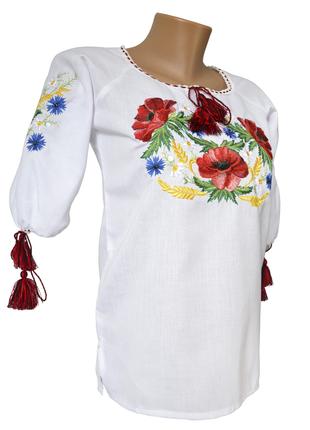 Женская вышитая рубашка маками с домотканого полотна в белом ц...