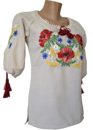Класична жіноча вишиванка маками на короткий рукав у великих р...