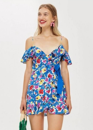 Синее платье мини на запах с цветочным принтом от topshop