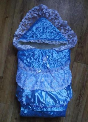 Конверт для новорожденных  + покрывало с кружевом и мехом, голубо