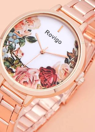 Часы браслет цвета розового золота с цветочным принтом