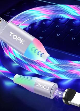 Магнітний кабель Micro USB TOPK Cвітиться (мультиколір) для шв...