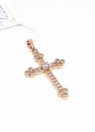 Кулон крест позолоченный, крестик, с фианитами, позолота