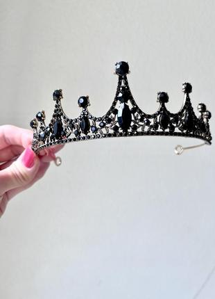 Диадема корона с камнями, черная корона на волосы, украшение н...