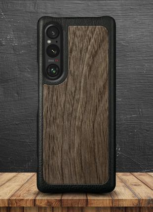 Кожаная накладка Stenk WoodBacker для Sony Xperia 1 V Чёрная