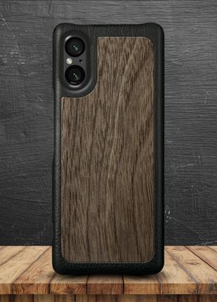 Кожаная накладка Stenk WoodBacker для Sony Xperia 5 V Чёрная