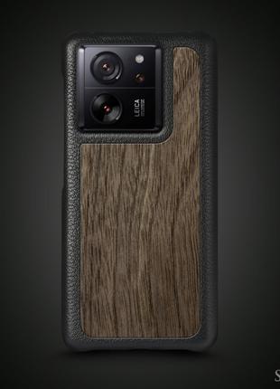 Кожаная накладка Stenk WoodBacker для Xiaomi 13T / 13T Pro Чёрная