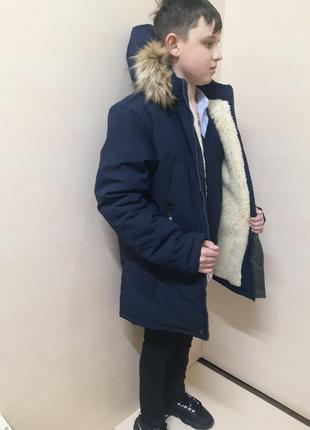 Зимняя удлиненная Куртка пуховик пальто на овчине для мальчика...