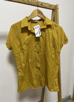 Жіноча жовта сорочка на короткий рукав жіноча блуза гірчична с...