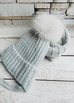Классная зимняя шапка для девочки от 5 лет натуральный помпон