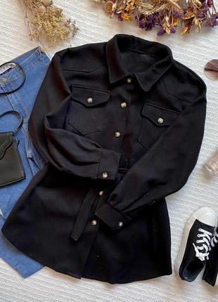 Демисезонная черная куртка рубашка с поясом, демисезонная чёрн...