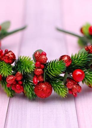 Обруч ободок новорічний з гілочками ялинки червоний