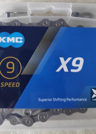 Цепь велосипедная KMC X9 Grey 9 скоростей 114 звеньев серая + ...