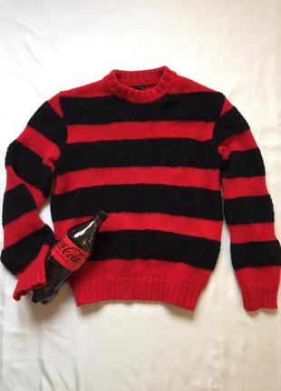 Полосатый красный с черным свитер, 100% шерсть мериноса